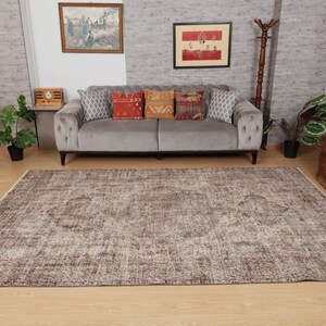 May include: A large, rectangular, distressed-look rug in shades of brown and beige dominates the foreground. A gray sofa with decorative pillows sits against a textured wall, with artwork and plants adding to the room's decor.
