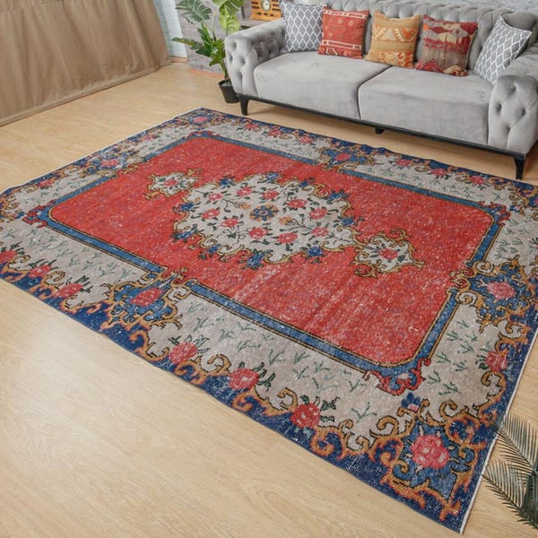 faded Red gray Vintage Turkish Bedroom  Rug, 6'5" x 10'1" dining room carpet  2103252027A