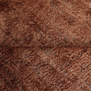 May include: A piece of fabric featuring a deep rust-brown color with a distressed, weathered texture. The material displays a diagonal weave pattern with darker, mottled patches that create a worn appearance across the entire surface area.