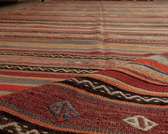 striped red brown retro dining room kilim, 5'5" x 14'  vintage Turkish rug for bedroom , 2501258740