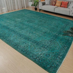 distressed teal blue living room rug , 9'6" x 13' retro dining room carpet , 2212196092 image 1