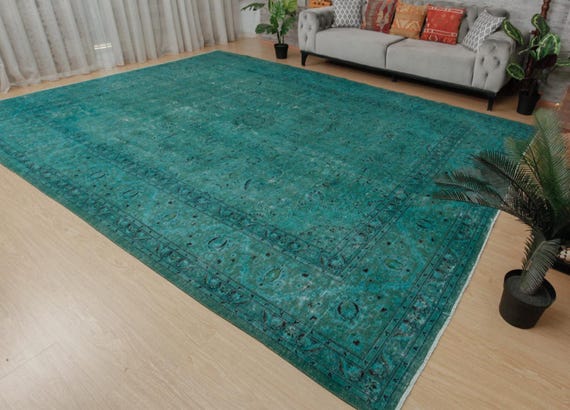 distressed teal blue  living room rug  , 9'6" x 13' retro dining room carpet , 2212196092