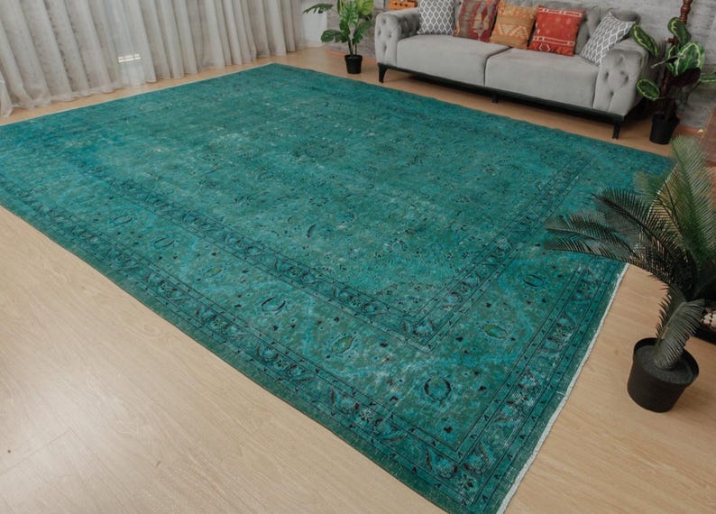 distressed teal blue living room rug , 9'6" x 13' retro dining room carpet , 2212196092 image 1