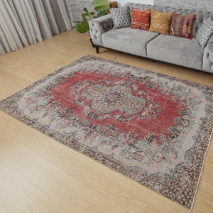 Floral Faded Turkish Area Rug,5'3" x 8'4"  Red bedroom carpet  2111283314