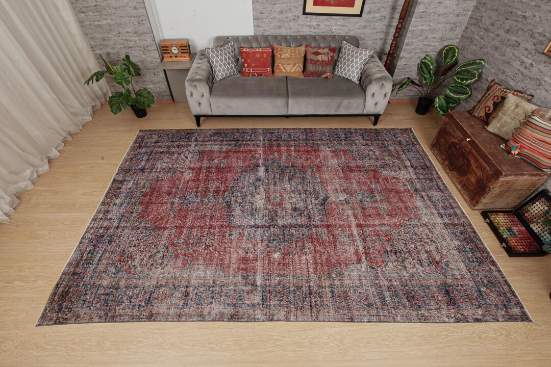 Retro Red Oriental Area Rug, 7'4" X 11' Vintage Bedroom Carpet ...