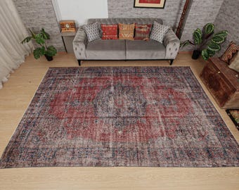 retro red oriental area rug, 7'4" x 11' Vintage bedroom carpet  2502079141