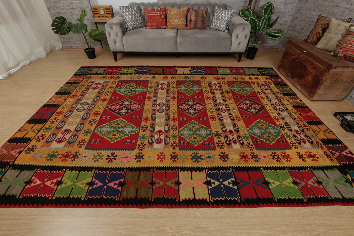 7x11 Hand Woven Rug, Geometric Kilim, Turkish Rug, 7'4 X 10'7 Vintage