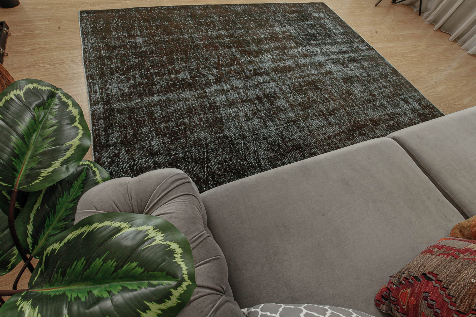 6x9 Dark Deco Rug, Distressed Black Brown Rug, 6'3 6x9 Dark Deco Rug, Distressed Black Brown Rug, 6'3