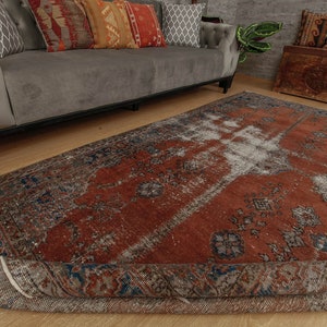 5x9 boho nomadic red rug, vintage rug, 4'8" x 9' bedroom red gray rug, 2207244854