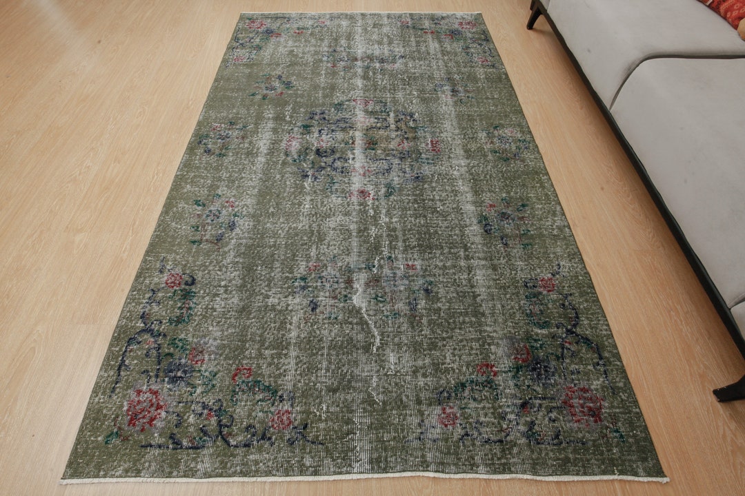5x8 Distressed Green Rug Retro Green Rug Kitchen Rug Etsy