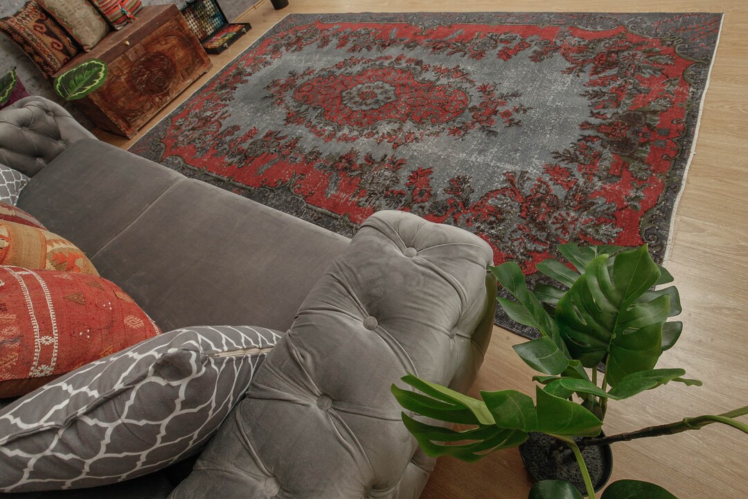 Rug for Living Room 6x10, Grey Red Rug, Turkish Rug,6'5 X 9'10 Woven