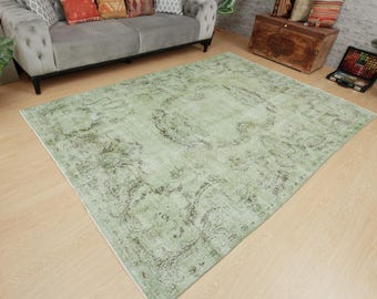 faded green bedroom rug, 6'3" x 8'11" retro dining room carpet , 2304116386