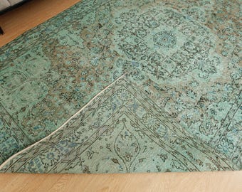 distressed vintage living room carpet , 6'3" x 10' faded teal brown area rug, 2601307241