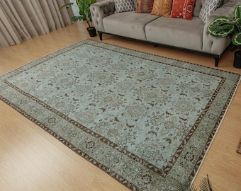 wool living room rug, 5'11" x 9'8" teal brown bedroom carpet , 2207244829
