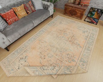 Vintage oud oranje beige vloerkleed, 6'3 x 9'7 inch oosters slaapkamertapijt 211293481