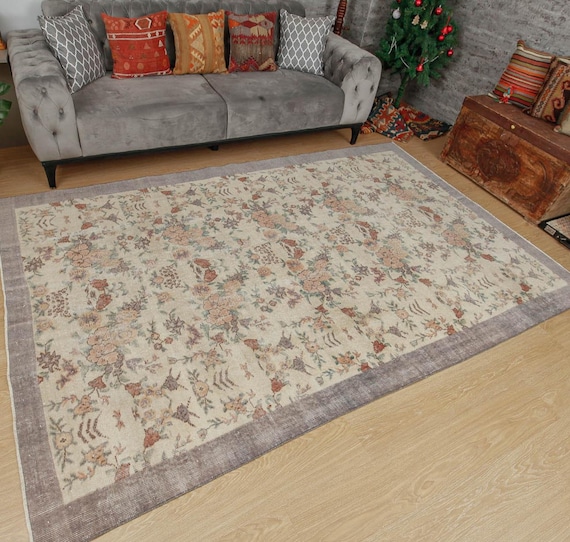 Floral Vintage Carpet for Living Room , Beige Low Pile  carpet in  6'3" x 9'4" for office , 2106122634