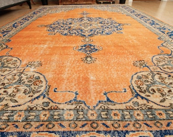 distressed orange oriental area rug, Turkish living room carpet 7'1" x 10'4"  , 2606049866
