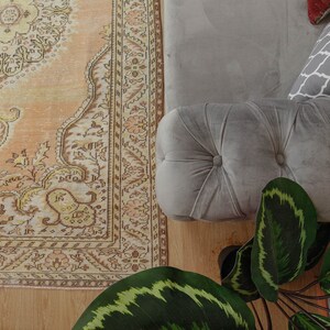 May include: An overhead shot of a living room setting featuring a patterned rug in peach and cream tones, a gray tufted ottoman, and a patterned pillow. A large green plant with striped leaves adds a natural element to the scene.
