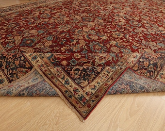 vintage distressed red dining room rug, 9'2" x 12'8" oversize living room carpet , 2603239713