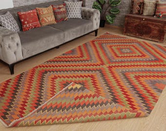 flat woven rainbow kilim for living room, bedroom rug, 5'8" x 10'3" retro office carpet ,  2502078726