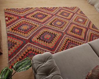 retro geometric office kilim, 5'10" x 9'9" flat weave bedroom rug, 2501258725