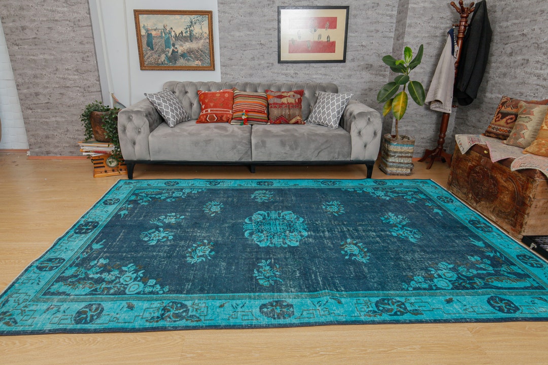6'3 X 9'4 Handmade Blue Dining Room Rug Etsy