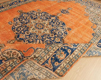 washable muted orange oriental area rug, Turkish living room carpet 7'1" x 10'4"  , 2606049866