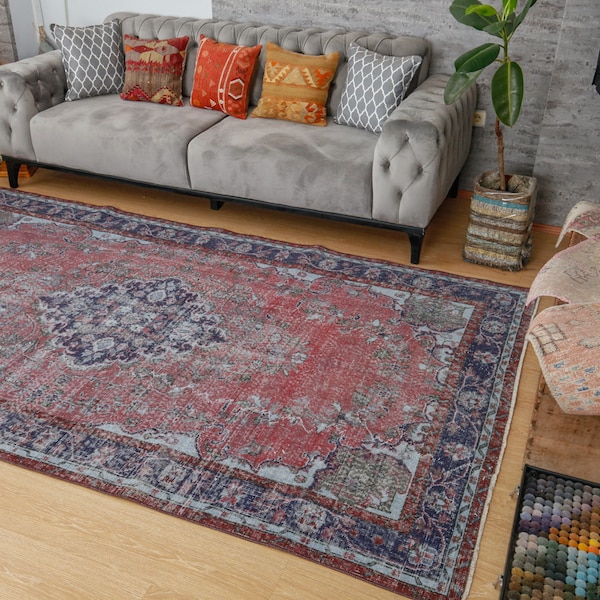 5'6" x 9'6" Medallion Rustic Red And Blue  Oushak  Area Rug ,Vintage Over Dyed Rug , large Living Room  Rugs, Kitchen Rug  201107842