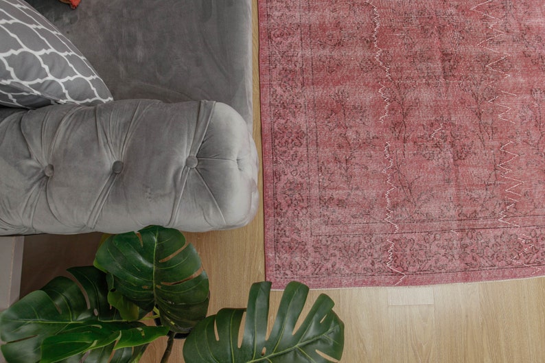 May include: A section of a grey, button-tufted sofa with a patterned cushion, beside a faded red rug with a detailed border. A large-leafed plant is in the foreground, adding a natural element.