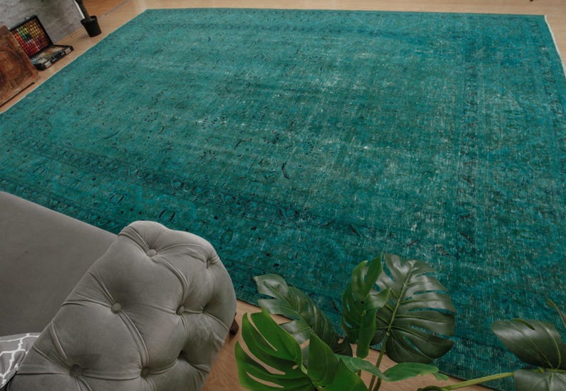 distressed teal blue living room rug , 9'6" x 13' retro dining room carpet , 2212196092 image 7