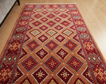 hand woven geometric bedroom rug, 4'6" x 7'5" wool living room carpet , 2601059614