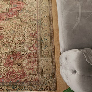 Pu&ograve; includere: Un tappeto in stile antico con un motivo floreale dettagliato nei toni del beige, rosso e blu. Il design del tappeto include un medaglione centrale e bordi ornati. Una sezione di un divano grigio imbottito &egrave; visibile a destra.