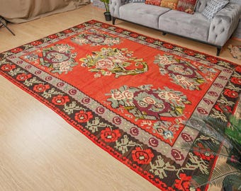 Red Floral Romanian Bedroom Kilim,  Plants patterns living room rug 7'3" x 10'8" , 2101221276