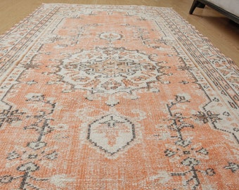 pastel orange ivory bedroom rug, 5'2" x 8'6" oriental bed plan carpet , 2107112924