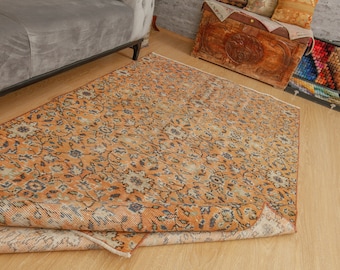 4x8 Floral Orange French Deco  Area Rug,Floral Vintage Kids room Rug ,4'3" x 8'3" Handmade living Room Rug, Faded  Area Rugs  201013636