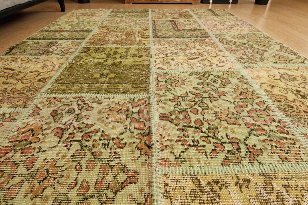 Turkish Green Bedroom Patchwork , Vintage Living Room Carpet 5'3