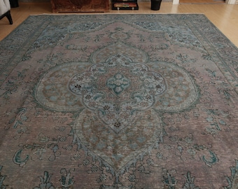 vintage hand knotted bedroom carpet , 8'10" x 12' hand woven area rug  2503119168