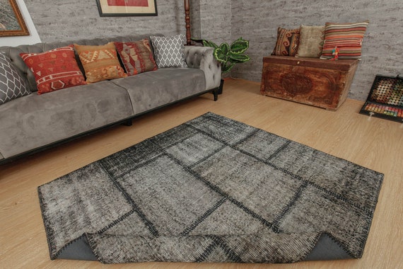 5x5 Square Vintage Patchwork Rug, Gray Rug, Simple Square Rug, 4