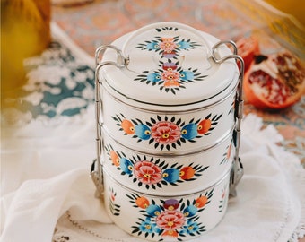 Traditional Tiffin Steel Lunchbox with Handle Hand Painted Three Compartment Lunchbox, Indian Tiffin