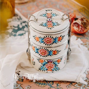 Traditional Tiffin Steel Lunchbox with Handle Hand Painted Three Compartment Lunchbox, Indian Tiffin