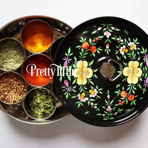 Masala Dabba, Spice Box, Spice Storage, Hand Painted Spice box, Gift for Home Cooks, Curry Lover Gift, Spice Dabba, Indian Spice Tin,