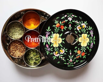 Hand Painted Masala Dabba: Indian Spice Box with Steel Pots