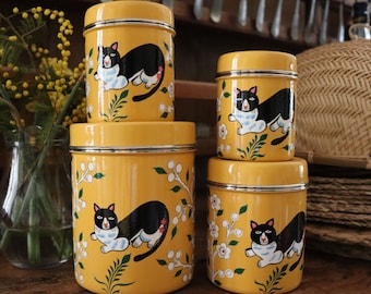 Set Of Four Hand Painted Cat Kitchen Canister Set, Tea Coffee Sugar, Classic Canister Set, Kitchen Storage Tins, Tea Caddy, Cat Lover Gift,