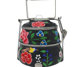Tiffin Lunchbox Bird and Flower 'Bijou' 2 Compartment Lunchbox, Traditional Indian Tiffin, Enamel Lunch box