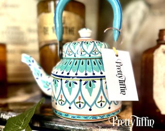 Hand Painted Teapot In White, Decorative Teapot, Stainless Steel Teapot, Teapot for two, Vintage Teapot, White Teapot, Tea Kettle