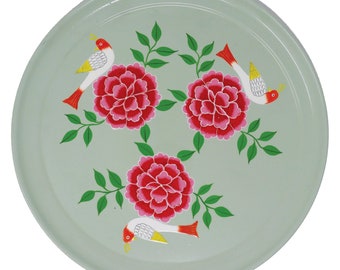 Bird Motif Hand Painted Pistachio Serving Tray, Drinks Tray, Cocktail Tray, Tea Tray, Food Tray, Decorative Tray, Round Tray, Metal Tray,