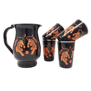 Hand Painted Tiger Motif Black Pitcher and Tumbler Set, Jug and glass set with tray, Flower Jug Camping Jug, Picnic jug and glass set