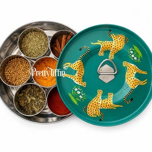 Hand Painted Masala Dabba: Indian Spice Box with Steel Pots