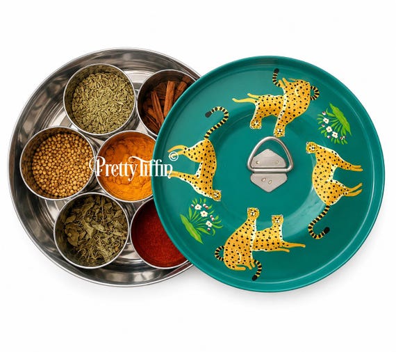 Hand Painted Masala Dabba: Indian Spice Box with Steel Pots