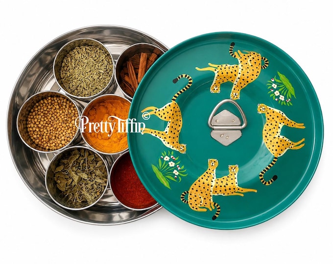 Hand Painted Masala Dabba: Indian Spice Box with Steel Pots